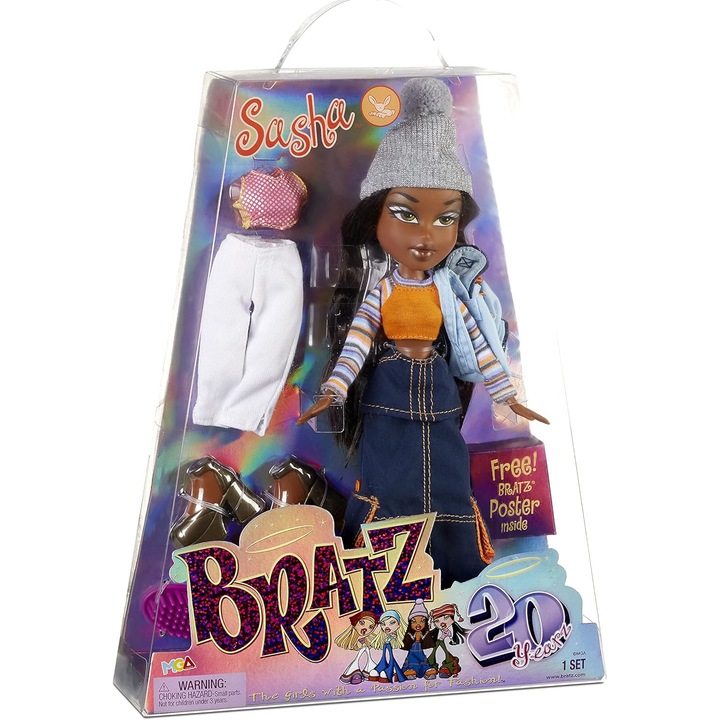 Bratz Sasha baba, 20 éves különkiadás, 2 szett ruha, kiegészítők, többszínű