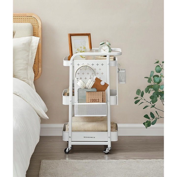 Tárolókocsi, 3 szintes, fém, fehér, 4 kerékkel, 2 függő kosárral