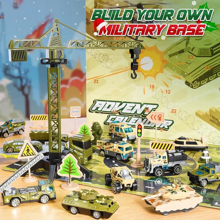 Calendar Advent 2024, vehicule militare, 24 surprize, material metalic, 2-6 ani