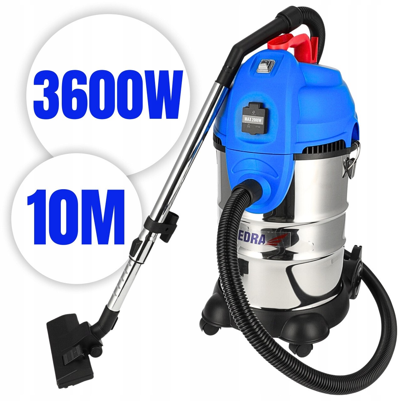 Aspirator industrial, Dedra, 3600W, 30 litri, inox, umed și uscat, set complet