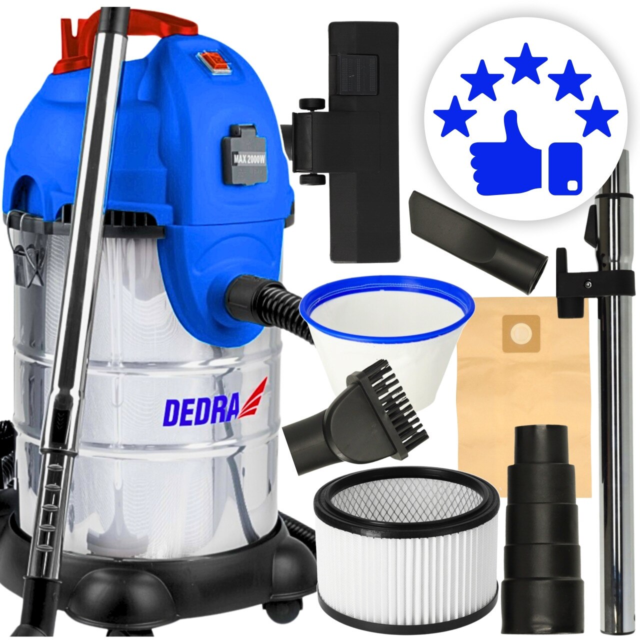 Aspirator industrial, Dedra, 3600W, 30 litri, inox, umed și uscat, set complet