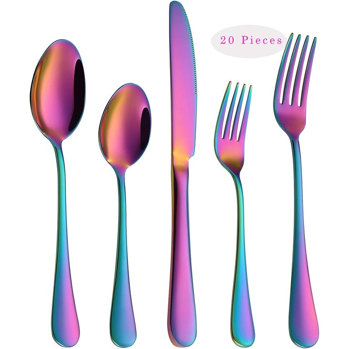 Set tacamuri multicolor, 20 piese, otel inoxidabil, pentru 4 persoane, include cutit, furculita si lingura