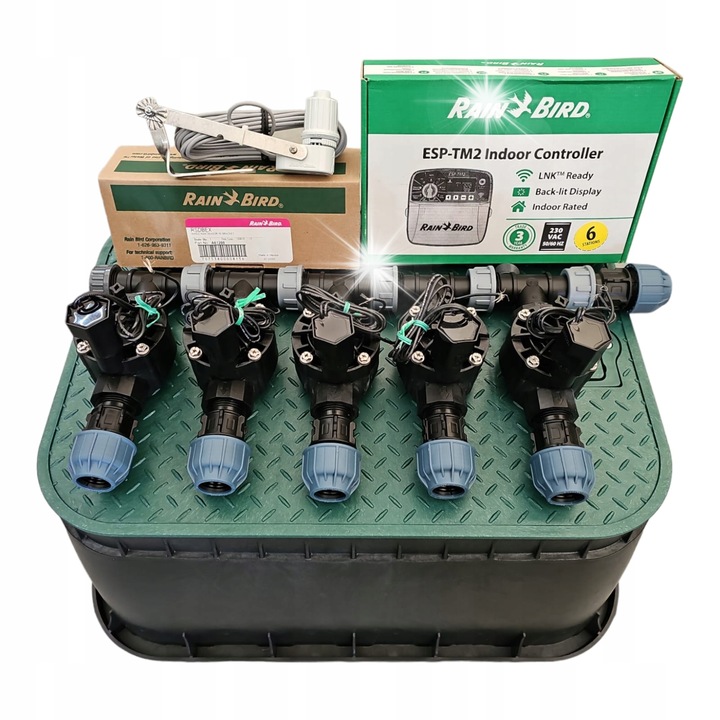 Комплект за напояване, Rain Bird, 5 секции с колектор, контролер TM2, сензор за дъжд RSDBEX, PE 32