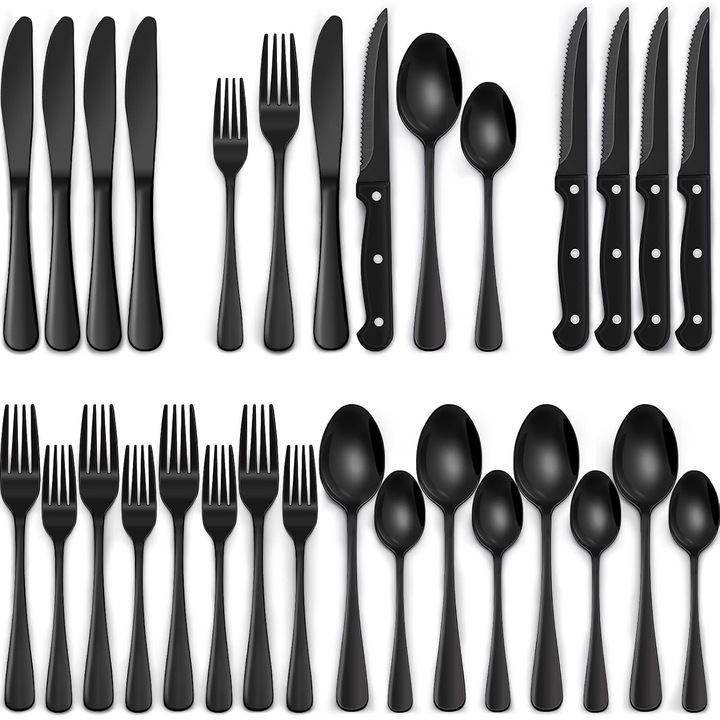 Set de tacamuri negre premium 24 piese, din otel inoxidabil, include cutite pentru friptura, pentru 4 persoane