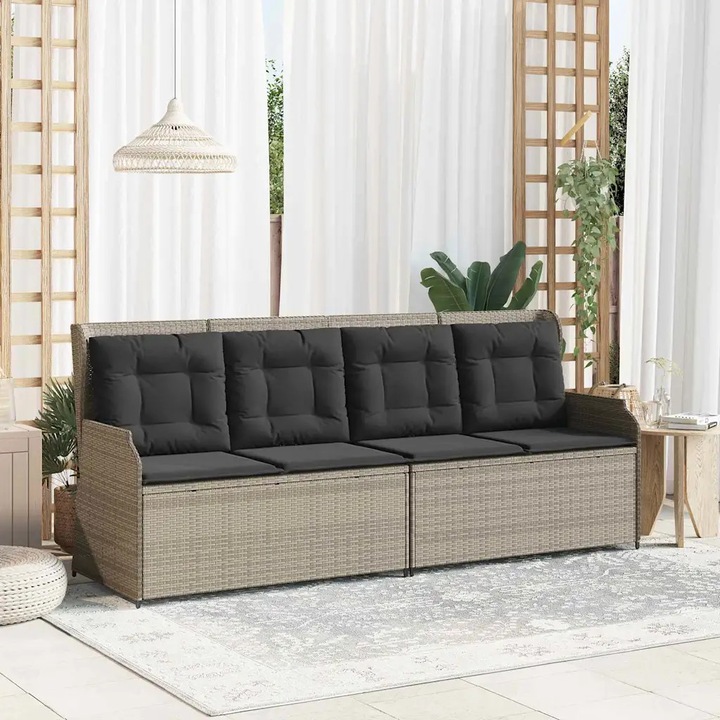 Banca de gradina VidaXL, polirattan, cu perne, gri deschis, dimensiuni 110x60x80cm, suporta pana la 110 kg