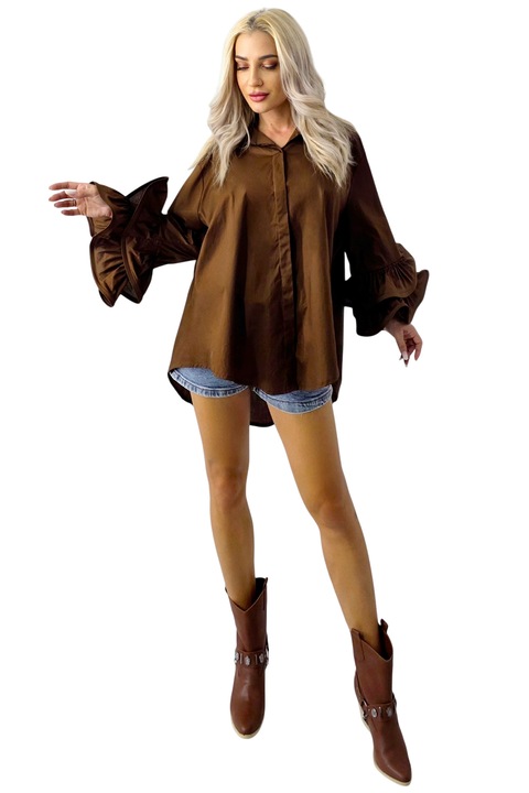 Túlméretezett Sugar LoLLy ing, aszimmetrikus hossz és fodrok, BARNA, Univerzális méret S/M/L, FashionForYou