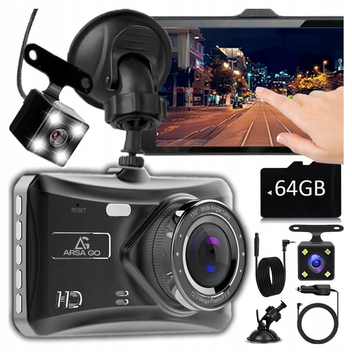Camera auto ARSA GO, set cu doua camere, functie camera de marsarier, card 64GB