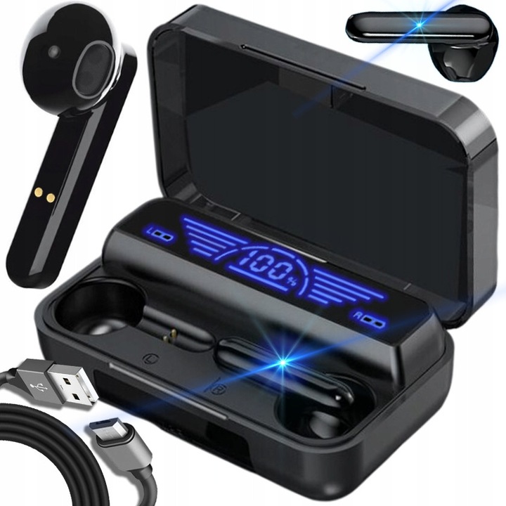 Vezeték nélküli fülhallgató tok Bluetooth BT 5.1-gyel és Powerbank zseblámpával, ARSA GO, fekete