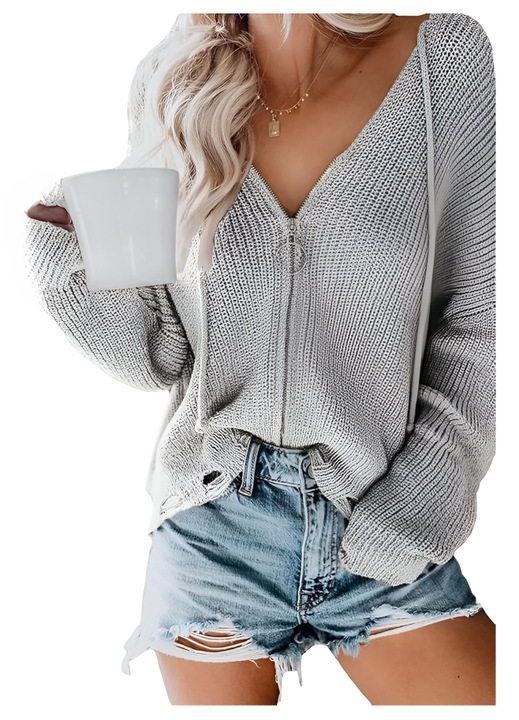 Női pulóver, V-nyakú, akril, szürke, XL INTL