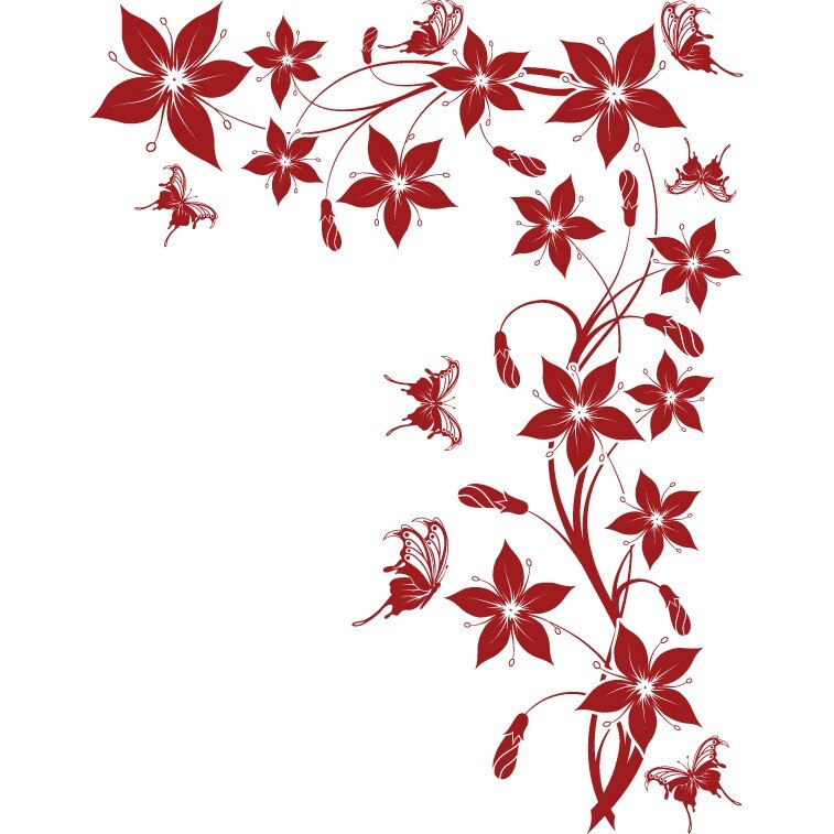 Sticker decorativ Stickero Decor floral cu fluturi - floare de colt, Rosu inchis, 80x103 cm