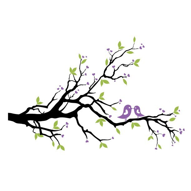 Crenguta pasarelelor - sticker decorativ Stickero, Negru cu Verde deschis si Violet levanda, 130x84 cm