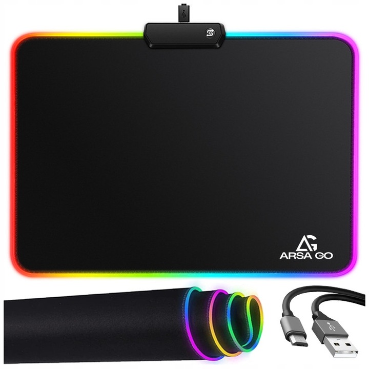 Mousepad gaming RGB, ARSA GO, 35x25cm, neagra, set complet cu cablu microUSB