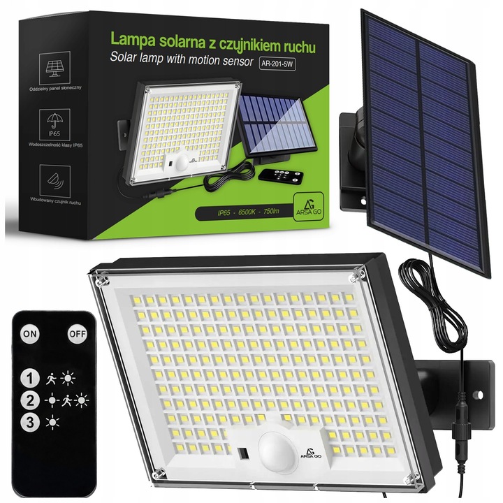 Lampa solara LED 300W cu panou separat, senzor de miscare si senzor de amurg, set complet, 5m cablu
