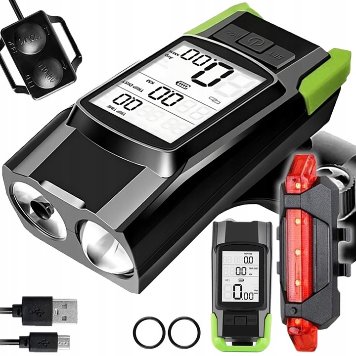ARSA GO kerékpárlámpa szett, első és hátsó, fényszóróval, dudával, 17 funkcióval, vízálló, 4400mAh akkumulátor