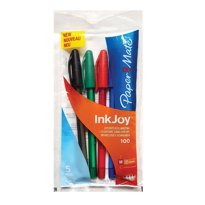 Химикалка без механизъм Papermate Inkjoy 100C гел, 5 цвята/комплект