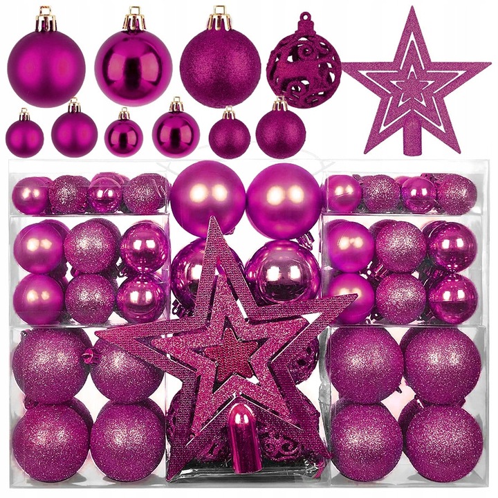 Set globuri de Craciun 101 bucati, violet, diverse modele, 6cm, 4cm, 3cm, 18x18cm