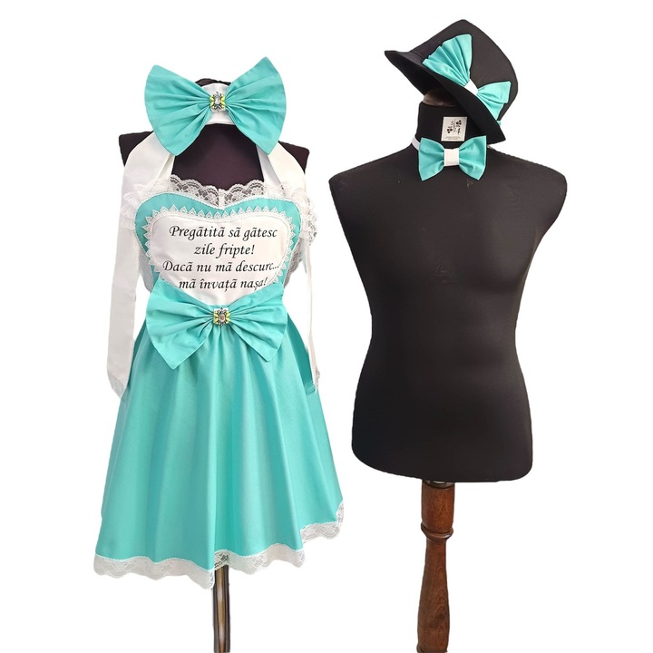 Set dezgatit mireasa si mire 4 piese sort, esarfa, palarie, papion, personalizat