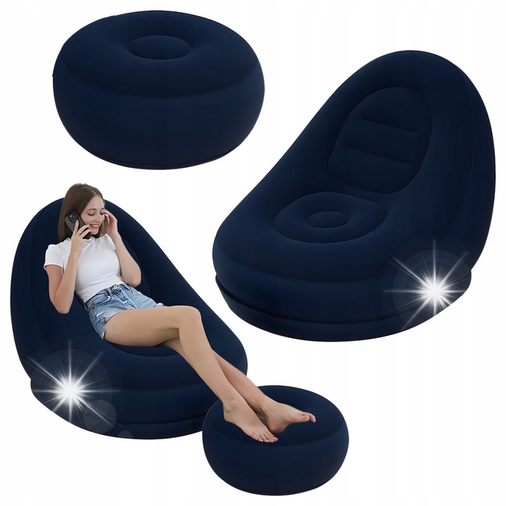 Fotoliu gonflabil 2in1, Nefixat, Albastru, 116x98x83cm, cu Puf