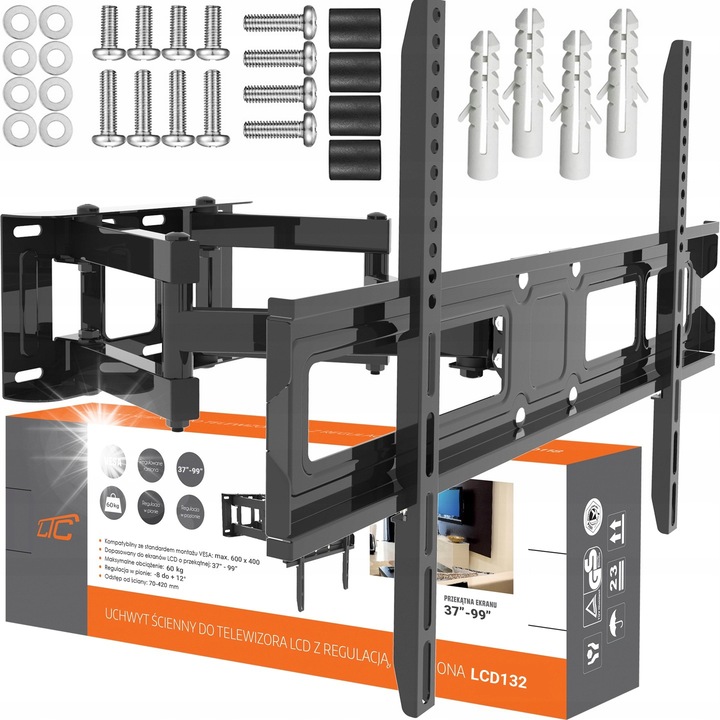 Стойка за телевизор LTC, 26-65 инча, капацитет 50 кг, регулируемо разстояние 70-460 мм, черна