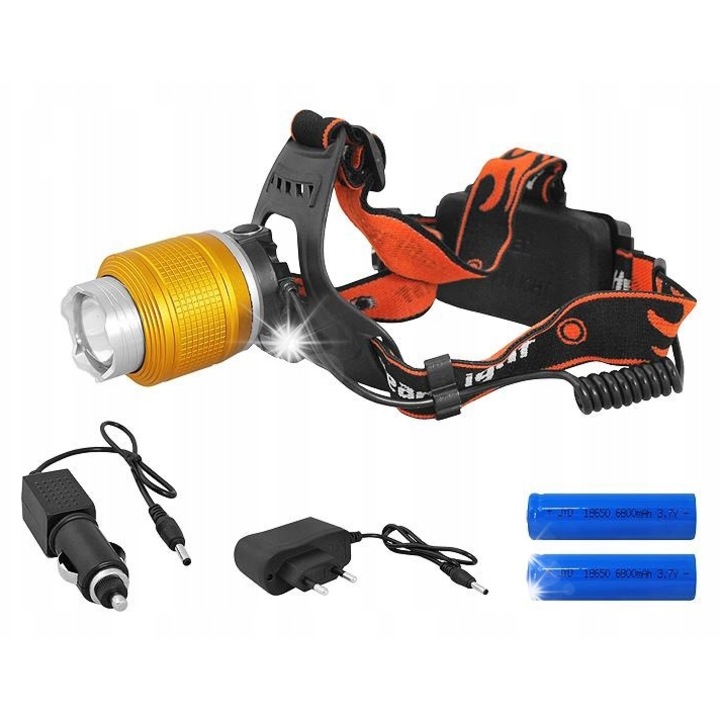 Челен фенер ART LL48 T6, алуминий, 600 лумена, комплект със зарядно за кола и мрежа, 2x акумулаторни батерии 18650, черен/оранжев