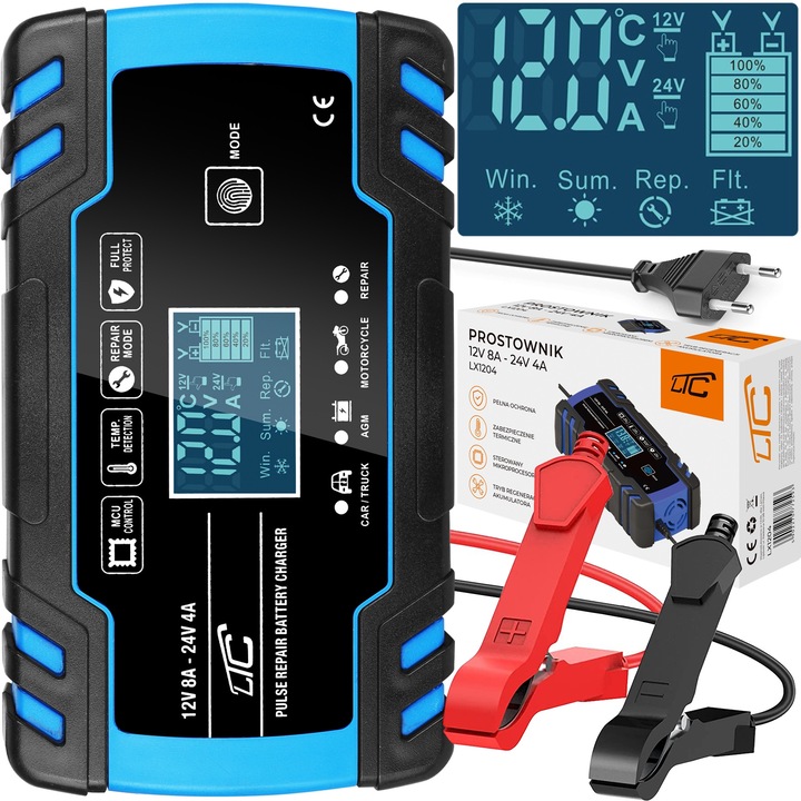 Incarcator auto automat LTC LX1204, 12V/24V, 8A/4A, functie de reparare, dimensiuni 17x9.8x5.8cm