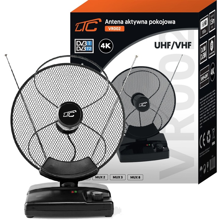 LTC VR002 aktív beltéri antenna, 25 dB, 360°-os forgatás, fekete, 23,5x11x28 cm