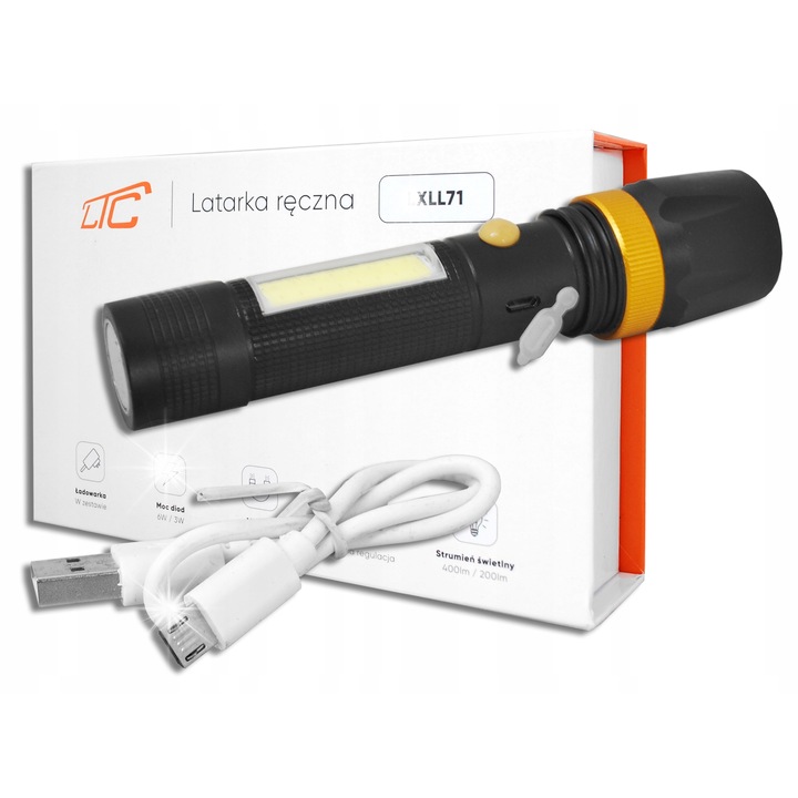 LED COB фенер 6W/3W, LTC, 6800 mAh, черно-златист, компактен, с функция ZOOM