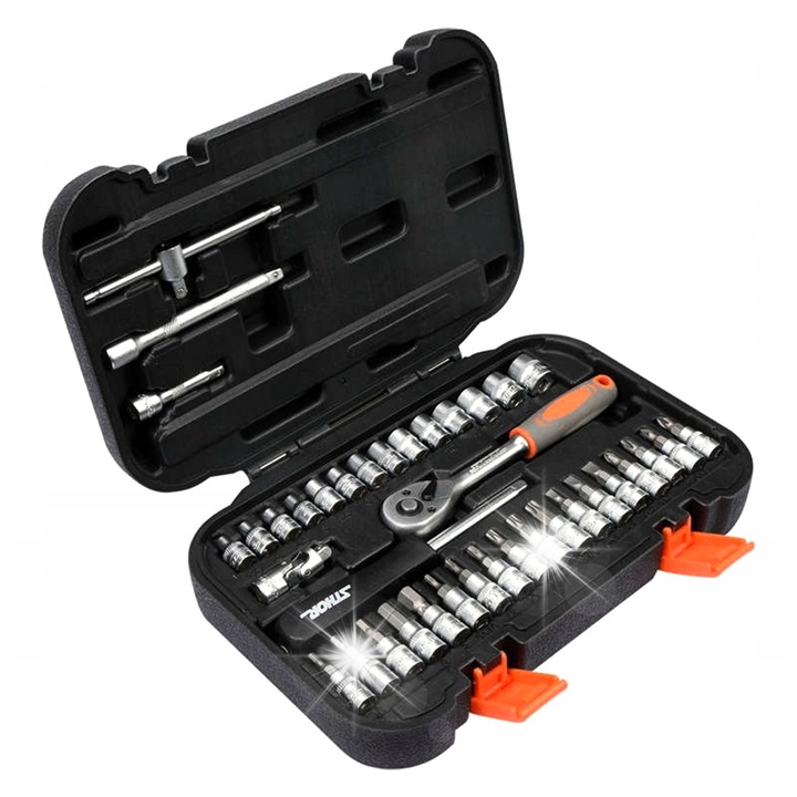 Комплект инструменти Sthor 38 части 1/4", включително тресчотка и удължители, в пластмасова кутия