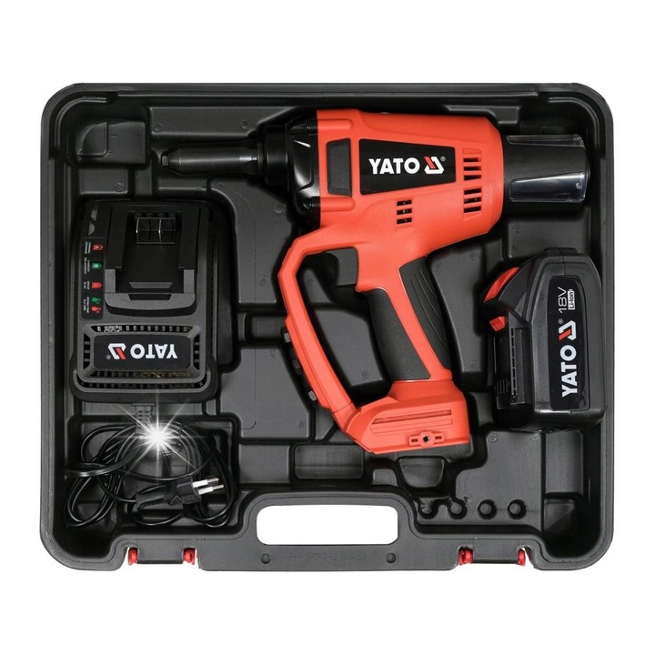 Нитовачка 18V YATO, 2,4-4,8 мм, комплект с батерия 3.0Ah и зарядно устройство, 20.000 N, 1,6 кг