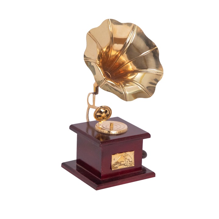 Mini gramofon decorativ auriu cu baza din lemn, H 22 cm