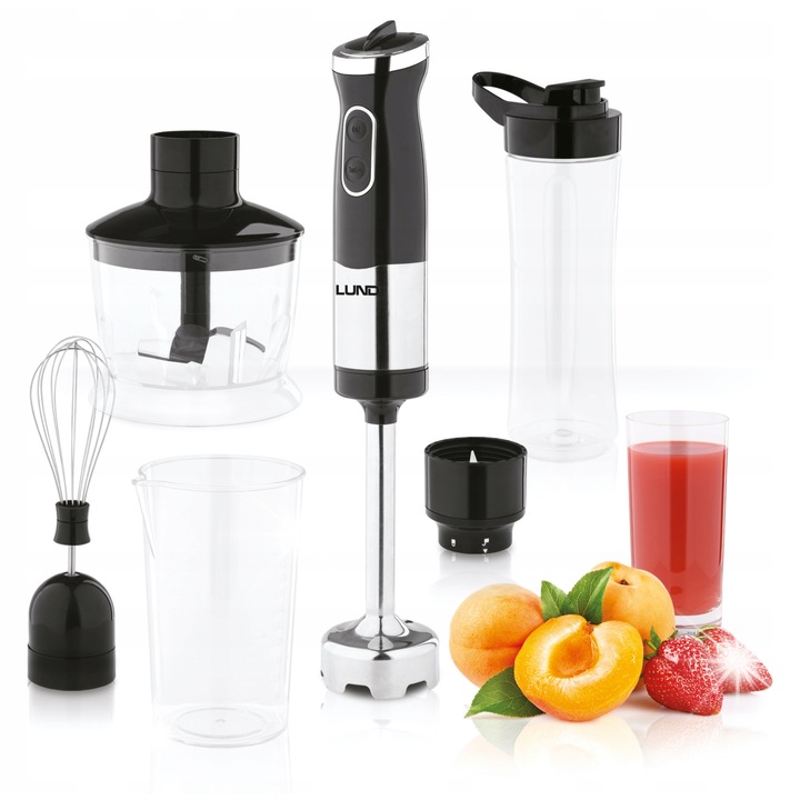 Блендер ръчен мултифункционален Lund, 1100W, черен, 20,5см x 5,5см, комплект с бутилка за смути