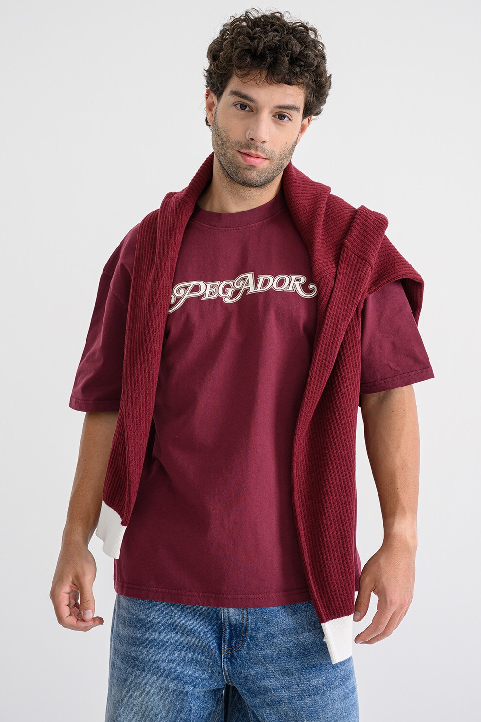 Pegador, Tricou din bumbac cu imprimeu logo si maneci cazute, Rosu stins, M