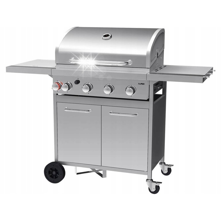 Газов грил 4+1 Lund, 16kW, чугунена скара, размери 136x53x109см, сребрист цвят
