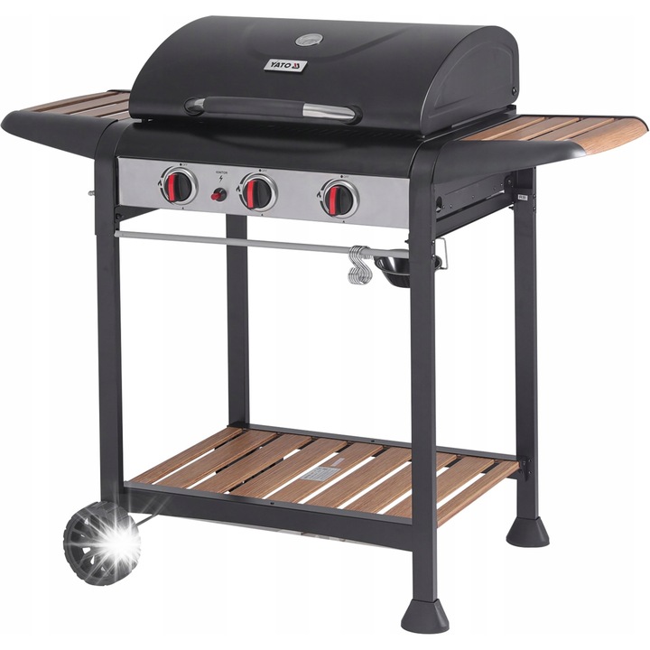 Газов грил за тревни площи YATO, 3 горелки, 9kW, с капак, размери 122x57x98cm, черен