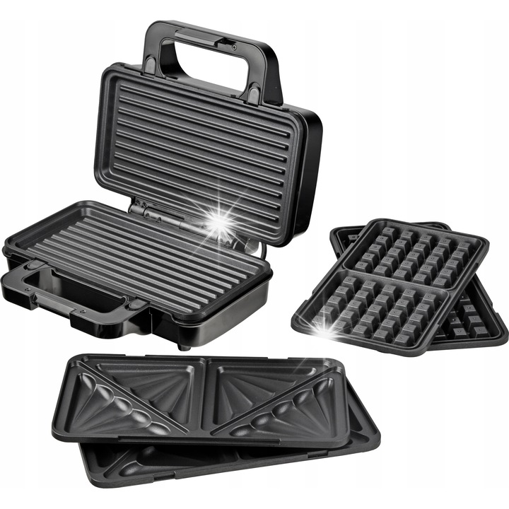Lund 3 az 1-ben elektromos grill, 900W, fekete, cserélhető sütőlapok szendvicshez, gofrihoz és grillezéshez, 28x15cm