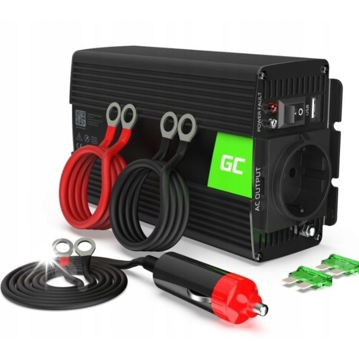 Инвертор за кола Green Cell 24V-230V 300W/600W, черен, 17.5x10.6x6.0cm