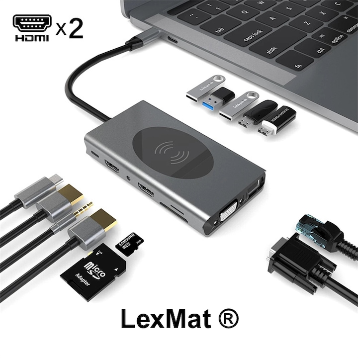LexMat ® 14 az 1-ben Hub vezeték nélküli töltéssel, dokkoló állomás, 4K kijelző, kettős HDMI USB C hubhoz, 100 W PD, 5 USB port, SD, TF, VGA, több eszközzel kompatibilis: MacBook, Dell, HP, Samsung, Thinkpad, Switch, ezüstszürke