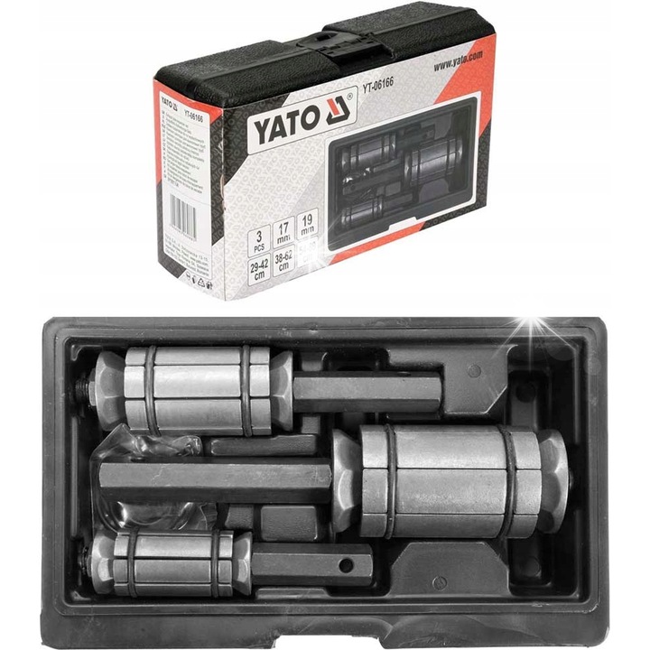 Комплект дистанционни втулки за тръби YATO, 3 размера 29x42 мм, 38x62 мм, 54x89 мм, с куфар