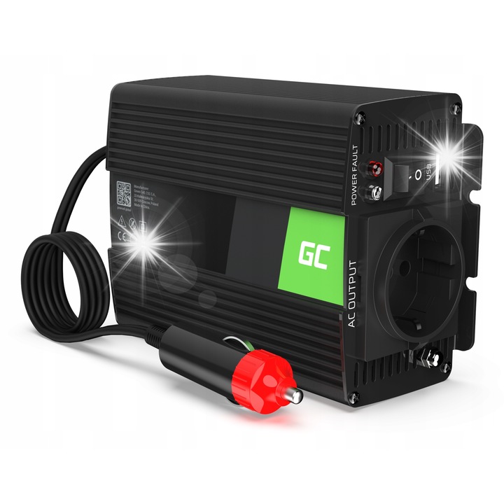 Инвертор за кола Green Cell 12V към 230V 150W/300W, с USB порт, чиста синусоида, компактни размери