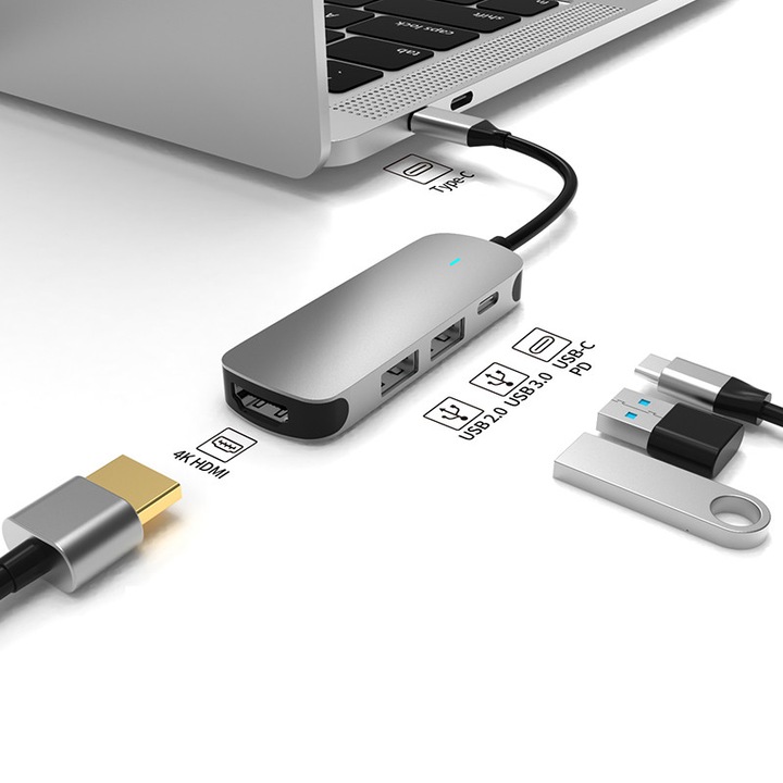 Hub 4in1 USB C adapter, Multiport LexMat, PD 3.0, USB 3.0, USB 2.0 és HDMI, Multiport USB-C adapter (4 az 1-ben) 4K videókimenettel és nagy sebességű USB portokkal, kompatibilis számos laptoppal (Apple, Samsung, ASUS, Lenovo, Hp, Dell)