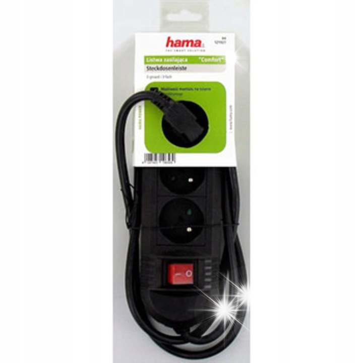 Разклонител Hama, 3м, черен, със защита за деца, с осветен превключвател, комплект 2 броя