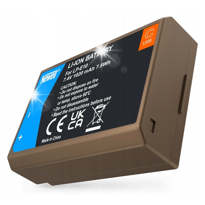 Acumulator Newell LP-E10 USB-C pentru Canon, 1020 mAh, port USB-C, compatibil cu EOS 1100D/1200D/1300D/1500D/3000D