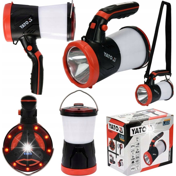Мултифункционален фенер YATO 3в1, 530LM, обхват 500м, IP54, 102x155x175мм, функция външна батерия