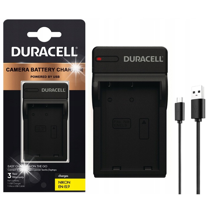 Incarcator Duracell EN-EL9 pentru Nikon, set cu cablu USB, dimensiuni 84x47x23mm, 28g