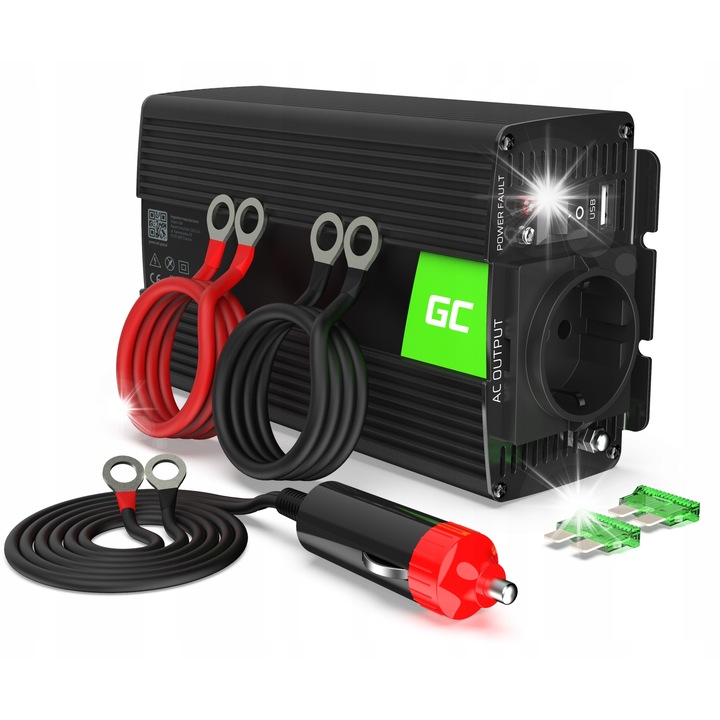 Инвертор за кола Green Cell 500W, 24V DC към 230V AC, USB порт, 6,5x10,9x22,3см