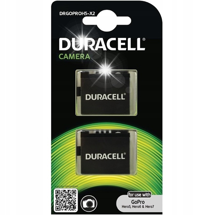 Комплект от 2 батерии Duracell AHDBT-501 за GoPro HERO 5, 6, 7, 8, 1250mAh, 35x31x11mm