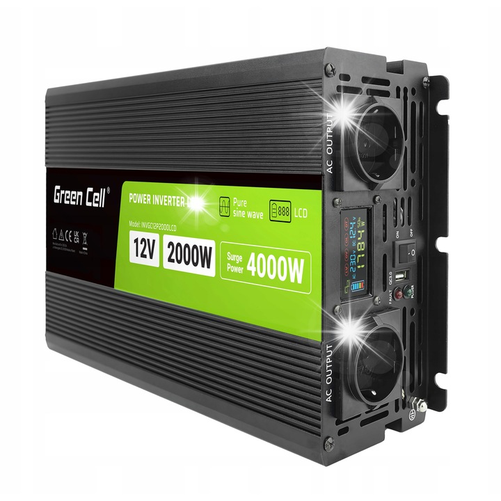 Инвертор за кола Green Cell 12V 2000W/4000W, LCD, черен, с 1 USB порт