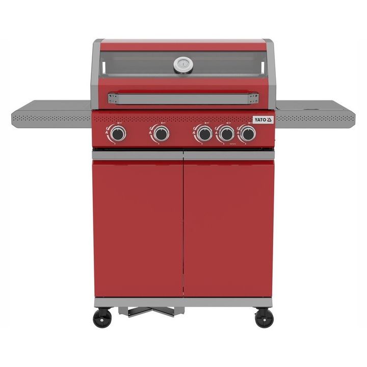 Газов грил 4+1, 14,2 kW, червен, размери 138x58x118см, 2 чугунени скари