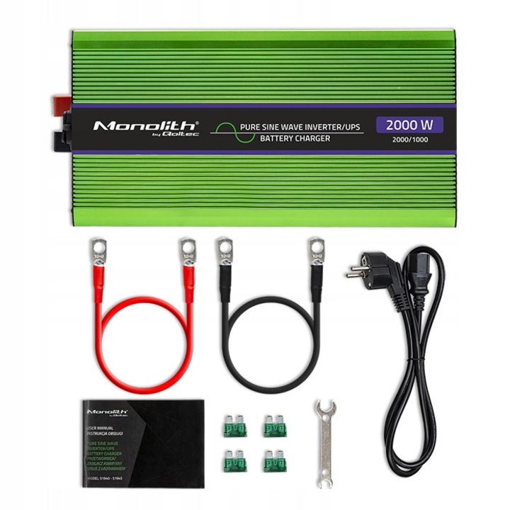 Инвертор за кола Qoltec 12V 1000W/2000W с функция UPS, чисти синусоиди, LCD, 180x400x70mm