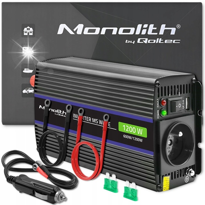 Автомобилни инвертори Monolith 600/1200W, 12V към 230V, USB, черен, 106x210x55mm